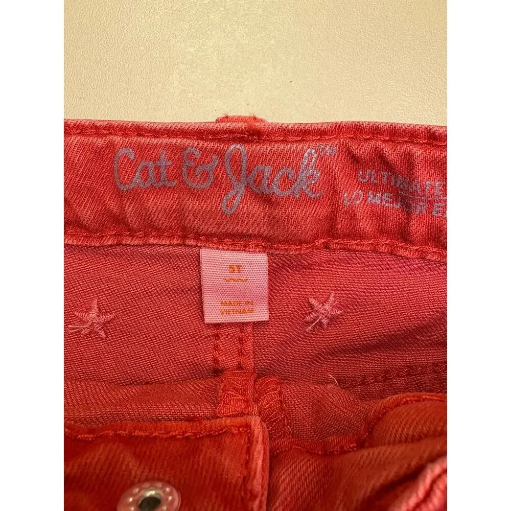 NWT Cat & Jack Girls 5T Red Star Print Mid Rise Stretch Denim Shorts Adjustable